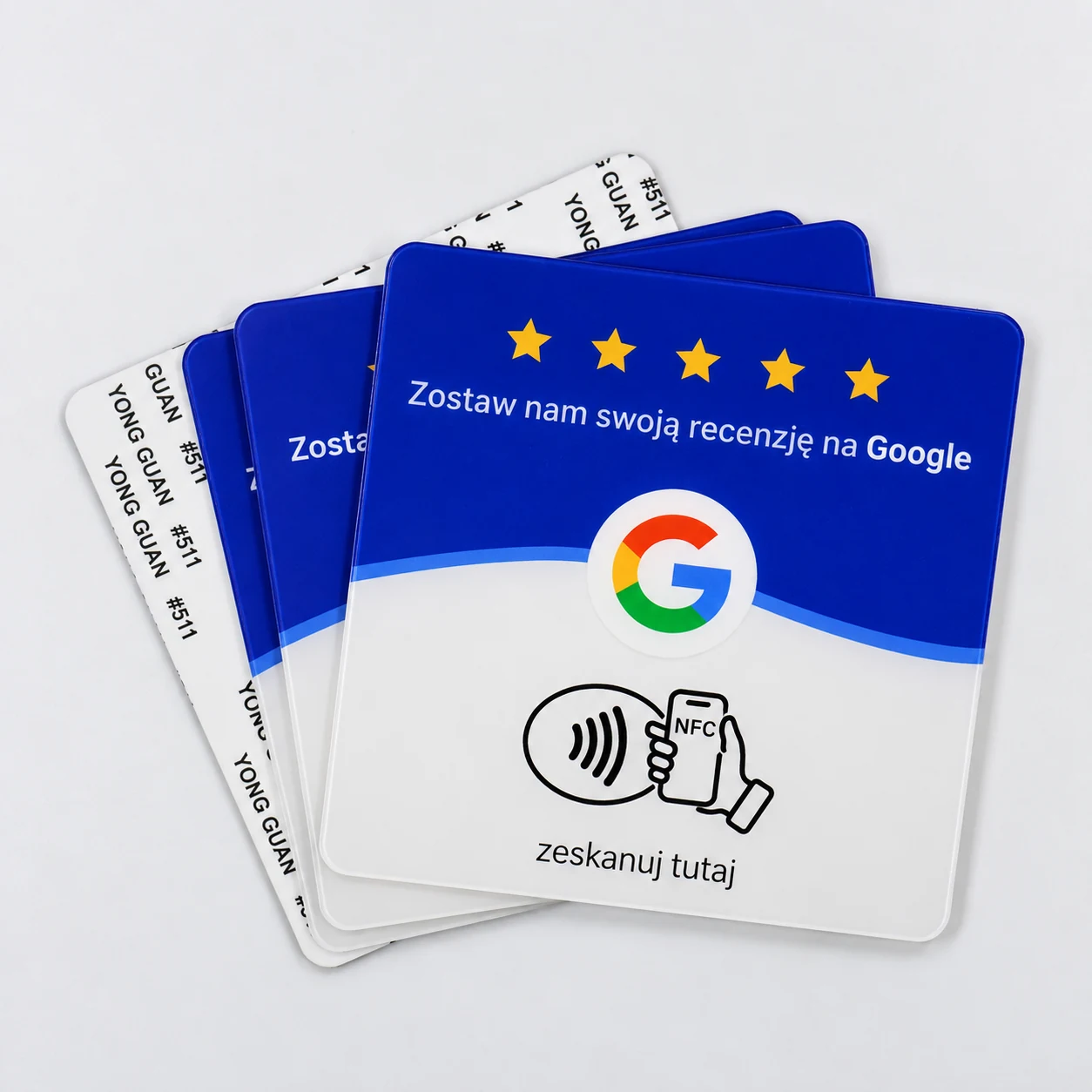 Akrylowa karta NFC do opinii Google, niebiesko-biała, z pięcioma gwiazdkami i oznaczeniem miejsca zbliżenia telefonu