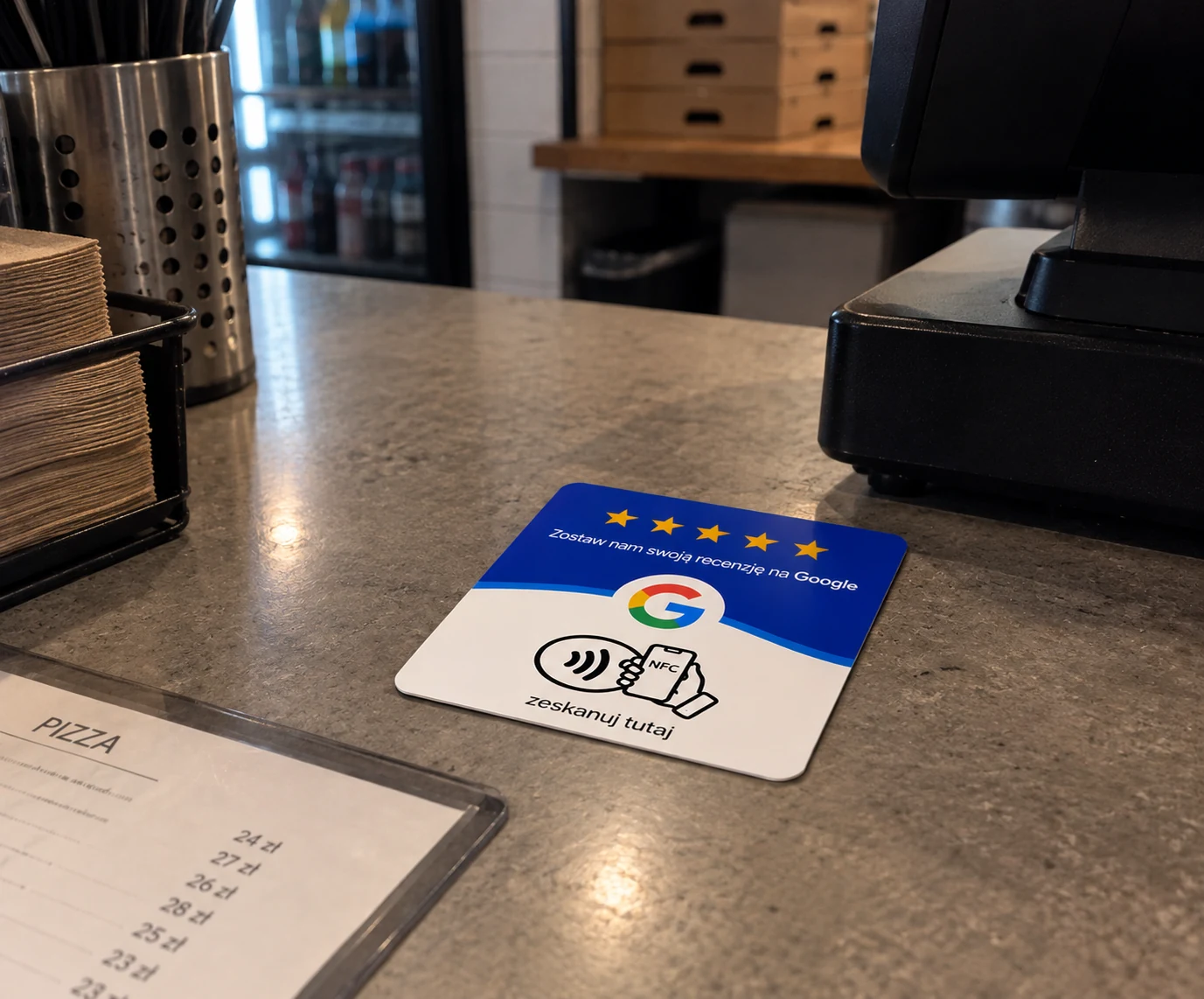 Karta NFC Google obok terminala płatniczego w małej pizzerii